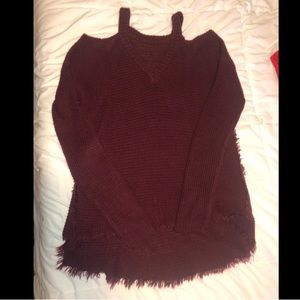 Maroon Off Shoulder Shoulder Cut Out Frayed Long Sleeve Sweater